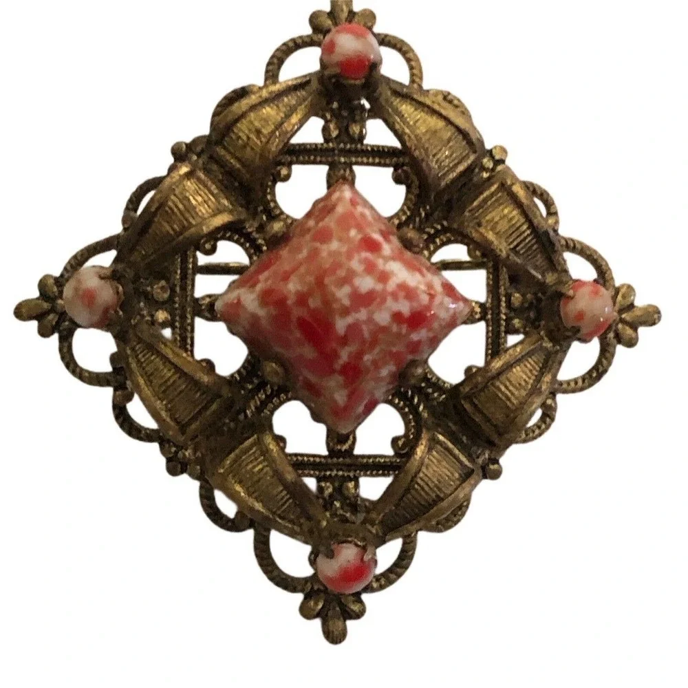 Art Deco Coral Matrix Glass Cabochon Pin Brooch Diamond Shape